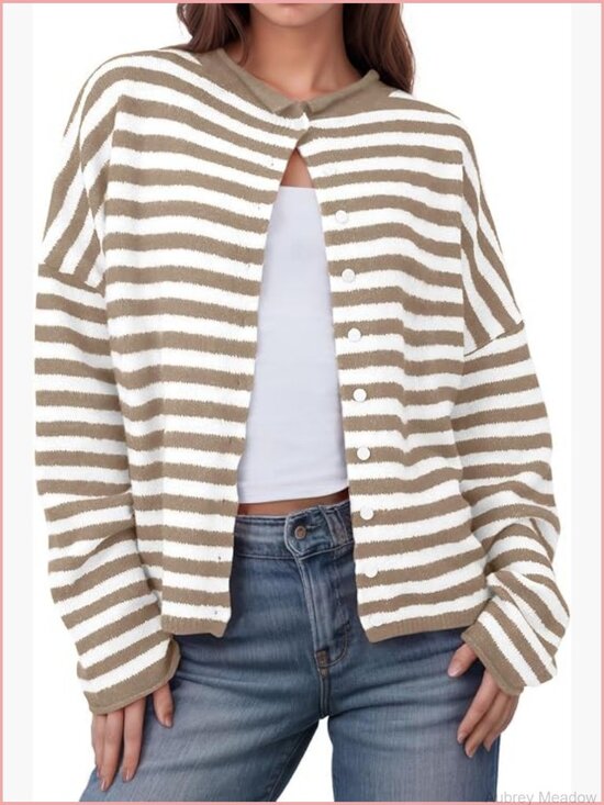 Sweaters - Striped Cardigan Sweater Button Up Knit Open Front